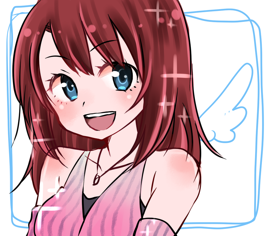 1girl :d bangs bare_shoulders blue_eyes collarbone eyebrows_visible_through_hair eyelashes hair_between_eyes jewelry kairi_(kingdom_hearts) kingdom_hearts kingdom_hearts_ii looking_at_viewer miki_masao necklace open_mouth redhead smile solo sparkle teeth upper_body