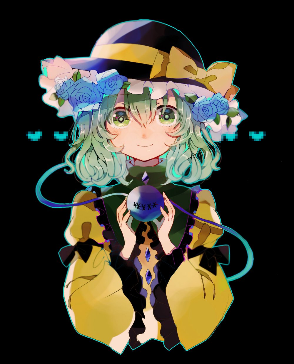 1girl bangs black_hat blue_flower blue_rose bow collared_shirt commentary_request eyeball eyebrows_visible_through_hair flower frilled_sleeves frills green_eyes green_hair hat hat_bow hat_ribbon heart heart_of_string highres komeiji_koishi long_sleeves looking_at_viewer ribbon rose satou_pote shirt short_hair simple_background smile solo third_eye touhou wavy_hair wide_sleeves yellow_ribbon yellow_shirt