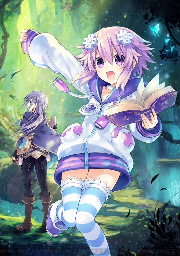 2girls blush book brave_neptune d-pad d-pad_hair_ornament hair_ornament looking_at_viewer multiple_girls neptune_(choujigen_game_neptune) neptune_(series) official_art open_mouth purple_hair short_hair smile striped thigh-highs tsunako violet_eyes