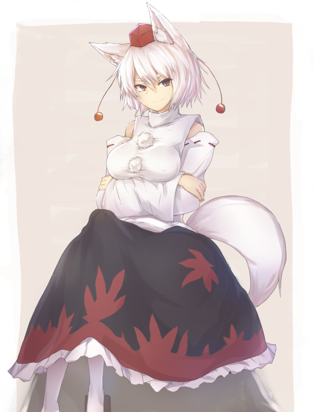 1girl alder animal_ears breasts brown_eyes closed_mouth crossed_arms detached_sleeves hat highres inubashiri_momiji large_breasts long_skirt looking_at_viewer red_hat short_hair skirt smile socks solo tail thick_eyebrows tokin_hat touhou white_hair white_legwear wolf_ears wolf_tail