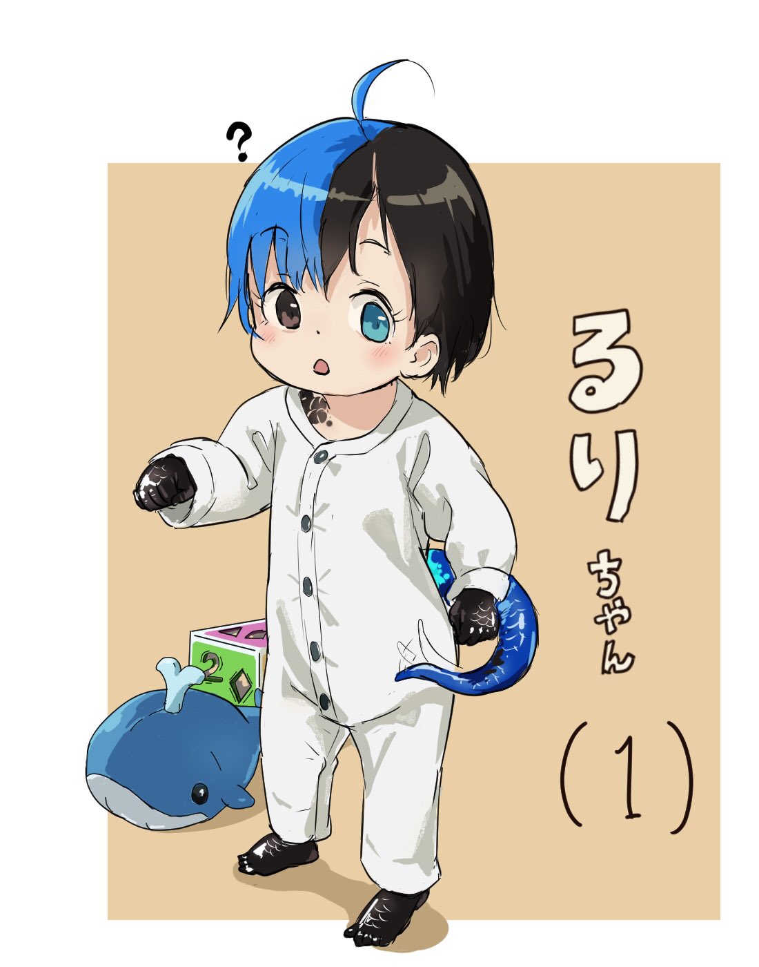 1girl :o ? ahoge baby barefoot black_eyes black_hair blue_eyes blue_hair commentary_request highres japanese_skink_(kamemaru) kamemaru long_sleeves looking_at_viewer monster_girl multicolored_hair original pajamas scales short_hair solo standing two-tone_hair whale yellow_background younger