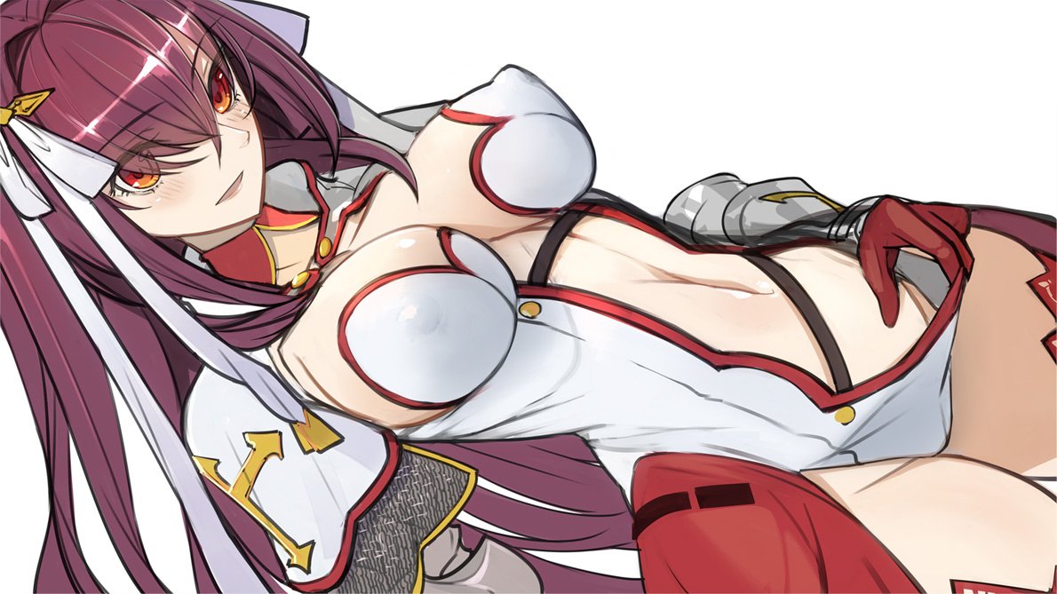 1girl breasts brown_eyes center_opening chainmail cleavage clothes_pull cosplay erect_nipples fate/grand_order fate_(series) gauntlets gloves hair_intakes hair_ribbon large_breasts long_hair navel pupps purple_hair ribbon saint_martha saint_martha_(cosplay) scathach_(fate/grand_order) simple_background solo thigh-highs white_background