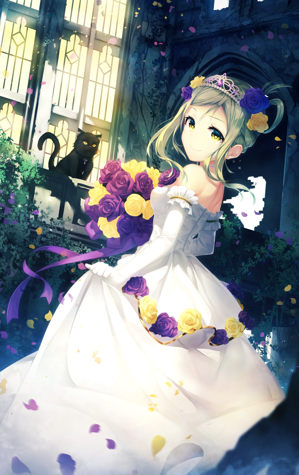 1girl black_cat bouquet braid cat commentary_request dress elbow_gloves flower frilled_gloves frills gloves hair_flower hair_ornament hair_rings hair_up highres holding holding_bouquet jewelry kokkeina_budou looking_at_viewer looking_back love_live! love_live!_sunshine!! necklace night ohara_mari outdoors pearl_necklace plant purple_flower purple_ribbon purple_rose ribbon rose sidelocks skirt_hold smile solo tiara vines white_dress window yellow_eyes yellow_flower yellow_rose