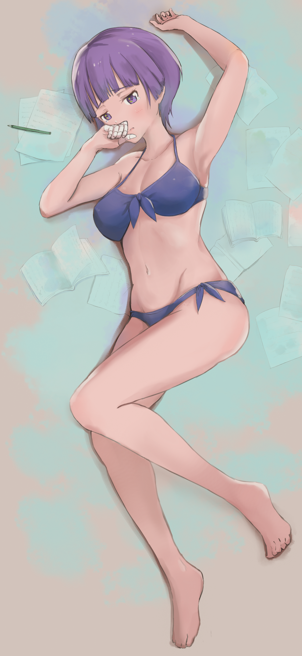 1girl arm_up armpits bandage bangs barefoot bikini blue_bikini blunt_bangs breasts cleavage collarbone eromanga_sensei from_above full_body groin highres large_breasts navel pen purple_hair senju_muramasa short_hair side-tie_bikini solo suirensei swimsuit