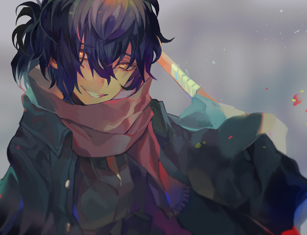 1boy black_coat black_hair blurry blurry_background character_request coat depth_of_field fate/grand_order fate_(series) grin hair_between_eyes kibadori_rue long_hair long_sleeves looking_at_viewer male_focus open_clothes open_coat orange_eyes red_scarf scarf smile solo upper_body
