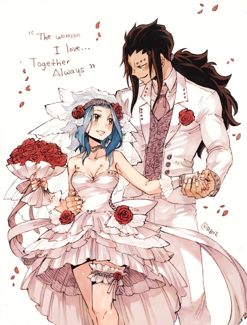 1boy 1girl black_hair blue_hair blush bouquet breasts bridal_veil choker cleavage collarbone couple dress english eye_contact fairy_tail flower formal gajeel_redfox hair_flower hair_ornament hand_holding holding holding_bouquet jacket levy_mcgarden long_hair looking_at_another medium_breasts nail_polish pants petals pink_nails ponytail red_flower red_rose rose rusky simple_background sleeveless sleeveless_dress smile standing strapless strapless_dress thigh_strap veil very_long_hair wedding_dress white_background white_dress white_jacket white_pants