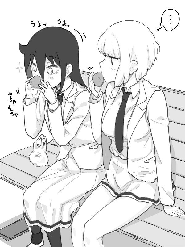 2girls black_hair blazer blush eating jacket kuroki_tomoko long_hair monochrome multiple_girls necktie satou_takumi short_hair sitting uchi_emiri watashi_ga_motenai_no_wa_dou_kangaetemo_omaera_ga_warui!