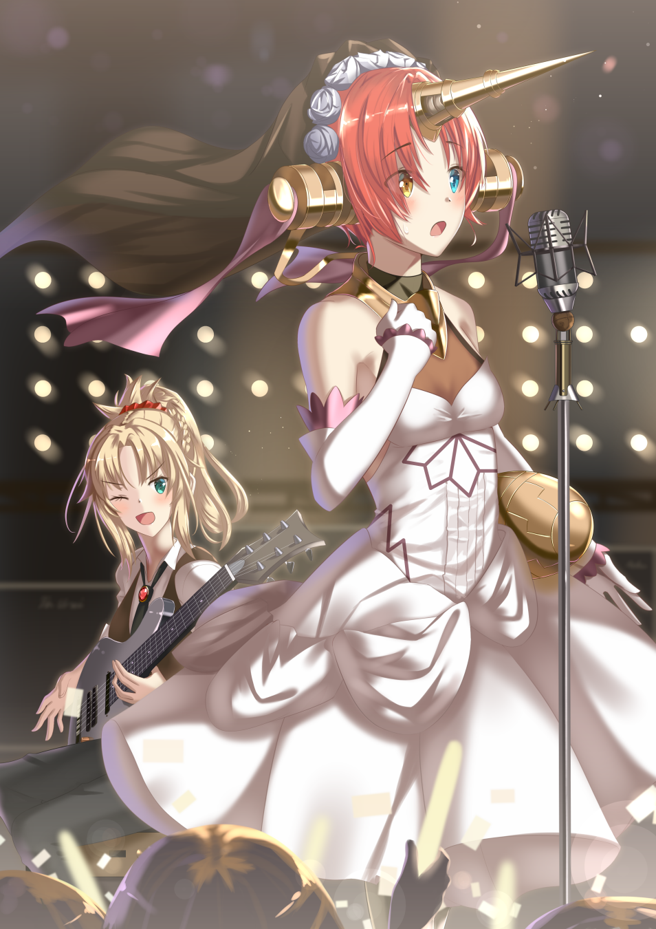 2girls ;d bangs black_pants blonde_hair blue_eyes blue_flower breasts bridal_veil dress elbow_gloves eyebrows_visible_through_hair fate/apocrypha fate_(series) flower frankenstein's_monster_(fate) gloves guitar hair_between_eyes hair_flower hair_ornament hair_scrunchie head_wreath heterochromia high_ponytail highres holding holding_instrument horn instrument long_hair microphone microphone_stand mordred_(fate) mordred_(fate)_(all) multiple_girls one_eye_closed open_mouth pants pixiv_fate/grand_order_contest_2 red_scrunchie redhead scrunchie shirt short_hair sleeveless sleeveless_dress small_breasts smile stage standing veil wedding_dress white_dress white_gloves white_shirt yellow_eyes ynote