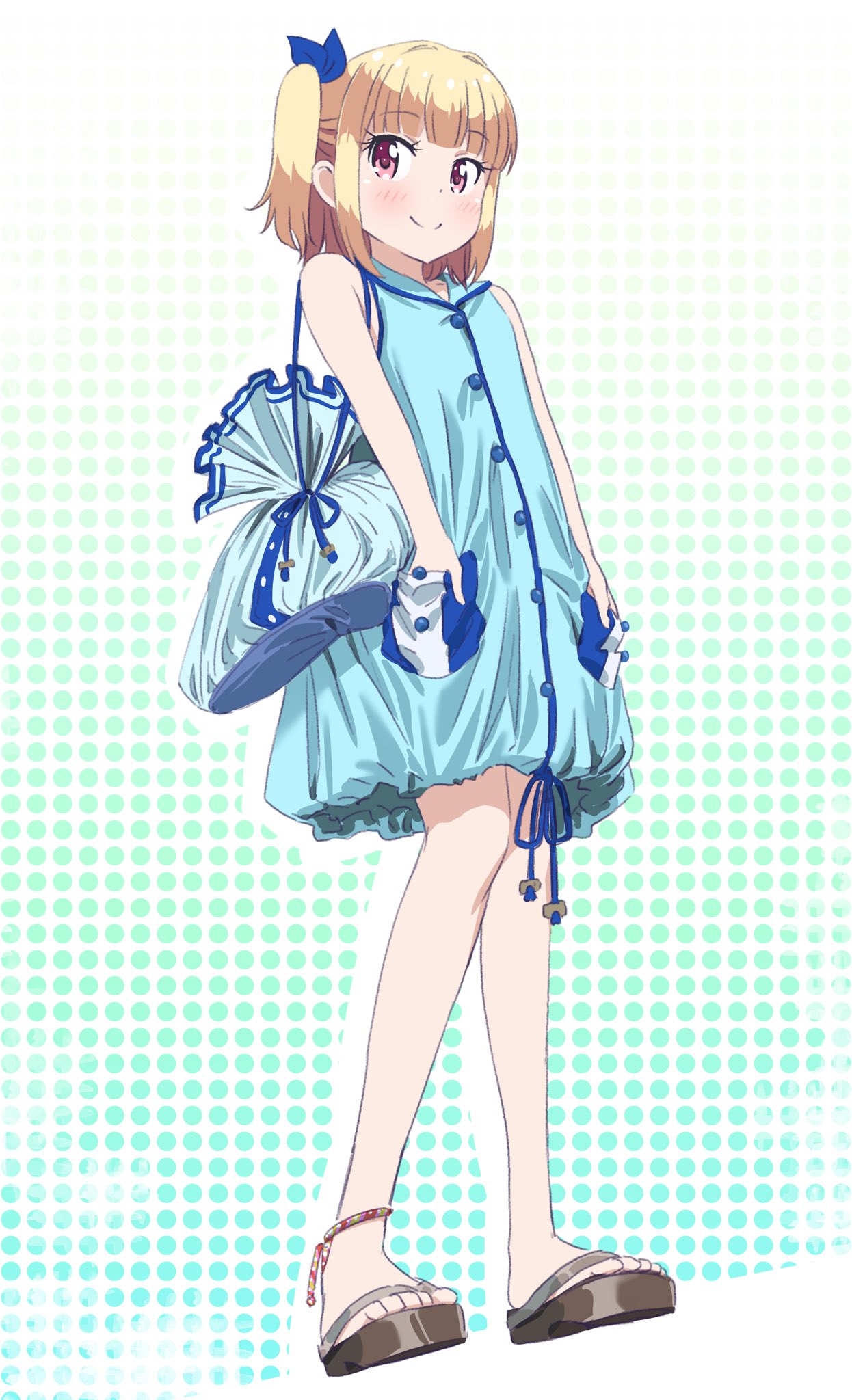 1girl bag blonde_hair blue_bow blue_dress bow brown_footwear closed_mouth commentary_request dress hair_bow halftone halftone_background hands_in_pockets highres iijima_yun looking_at_viewer new_game! outline pink_x sandals short_dress short_hair shoulder_bag smile solo twintails white_outline