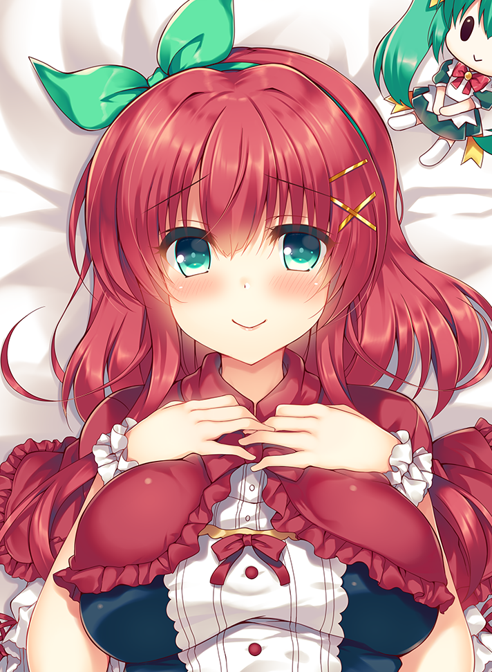 1girl bed_sheet blush bow breasts capelet closed_mouth dakimakura green_bow green_eyes hair_bow hair_ornament hairband hairclip hands_up large_breasts looking_at_viewer lying on_back original red_capelet redhead short_hair smile solo suzune_rena wristband
