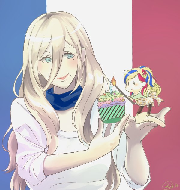 2girls alternate_costume bangs blonde_hair blue_eyes blue_hair candle commandant_teste_(kantai_collection) commentary_request cupcake food french french_flag hair_between_eyes kantai_collection long_hair mole mole_under_eye mole_under_mouth multicolored_hair multiple_girls redhead richelieu_(kantai_collection) sei_masami smile swept_bangs white_hair