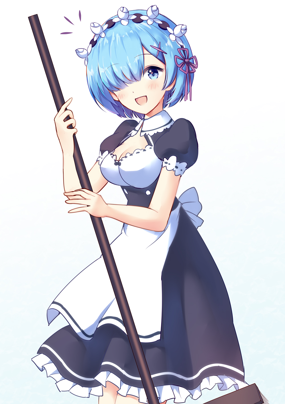 1girl :d apron asymmetrical_bangs bangs black_skirt blue_eyes blue_hair blush breasts broom cleavage eyebrows_visible_through_hair flower frilled_skirt frills hair_flower hair_ornament hair_over_one_eye hair_ribbon head_wreath highres holding holding_broom kamekichi_(kamekiti) looking_at_viewer maid medium_breasts open_mouth purple_ribbon re:zero_kara_hajimeru_isekai_seikatsu rem_(re:zero) ribbon ribbon-trimmed_sleeves ribbon_trim short_hair short_sleeves simple_background skirt smile solo standing white_apron white_background white_flower