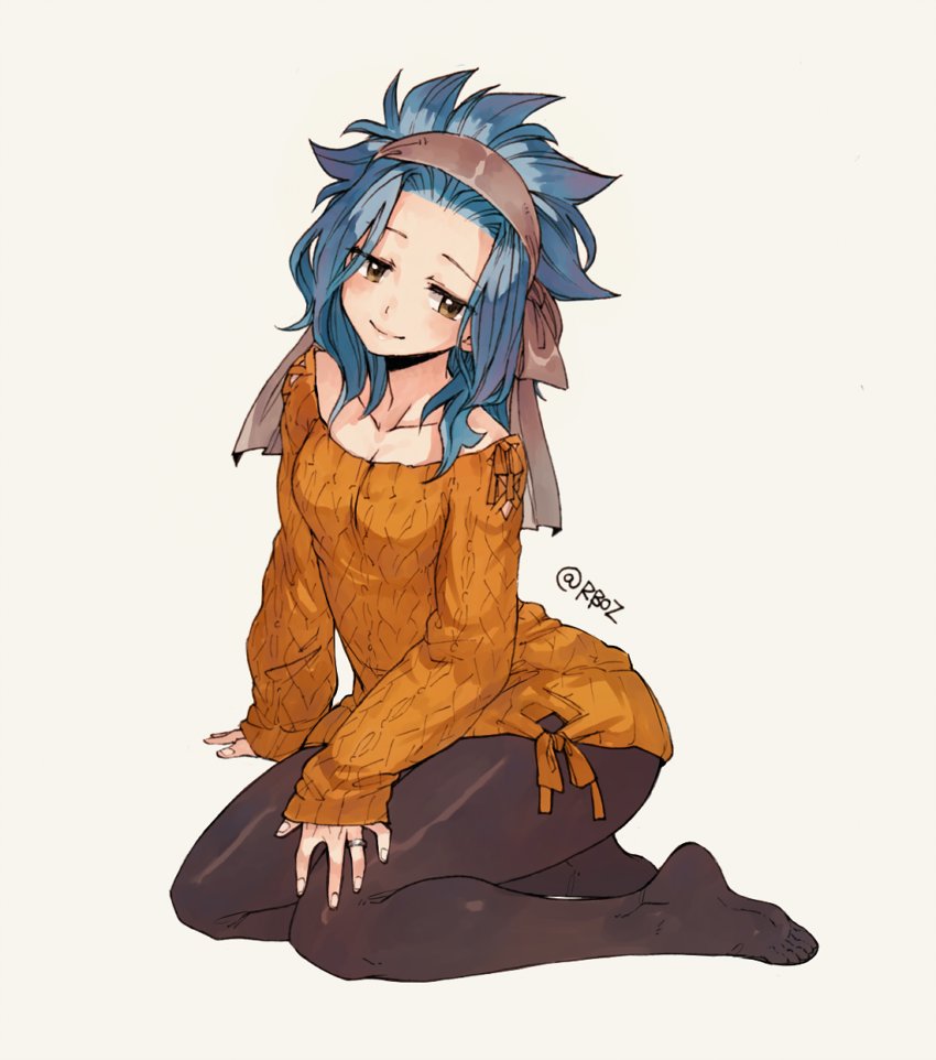 1girl arm_support black_legwear blue_hair breasts brown_eyes cleavage collarbone fairy_tail grey_background head_tilt headband jewelry kneeling levy_mcgarden long_hair orange_sweater pantyhose ring rusky simple_background small_breasts smile solo sweater wedding_ring