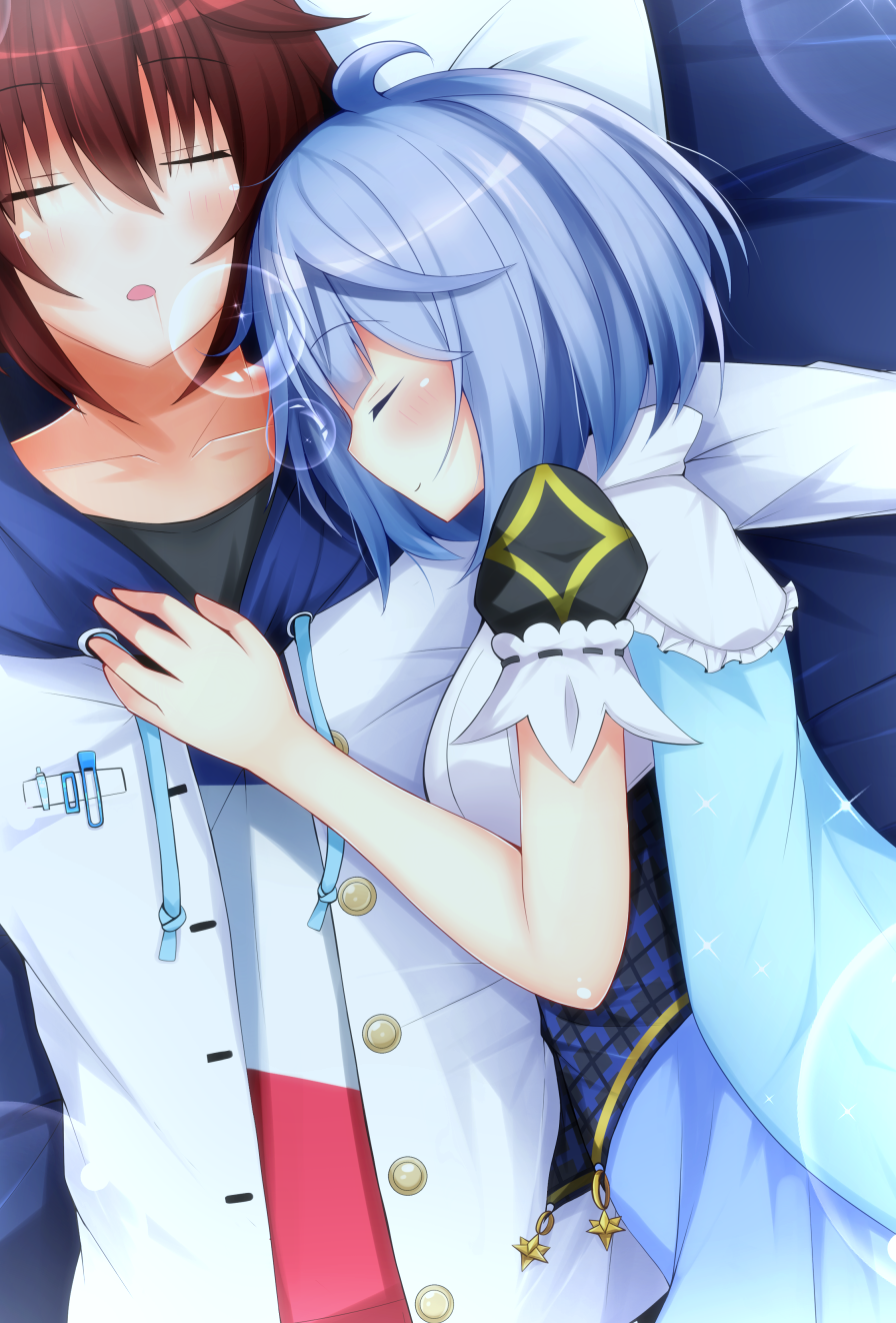 1boy 1girl blue_hair blush breasts closed_eyes flower_knight_girl highres hug ipheion_(flower_knight_girl) shironeko_haru short_hair sleeping smile