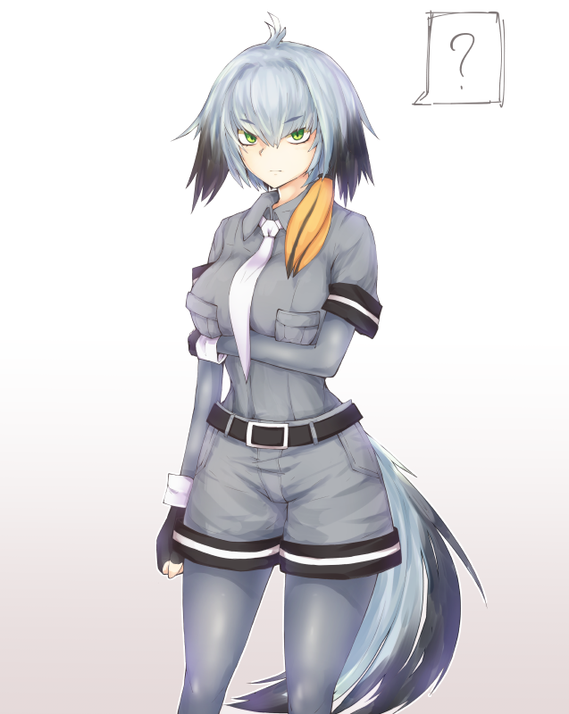 1girl ? alder belt black_gloves black_hair blonde_hair breast_pocket breasts eyebrows_visible_through_hair fingerless_gloves gloves green_eyes grey_hair grey_legwear kemono_friends large_breasts long_sleeves looking_at_viewer multicolored_hair necktie pantyhose pocket shoebill_(kemono_friends) short_hair solo speech_bubble spoken_question_mark tail white_neckwear