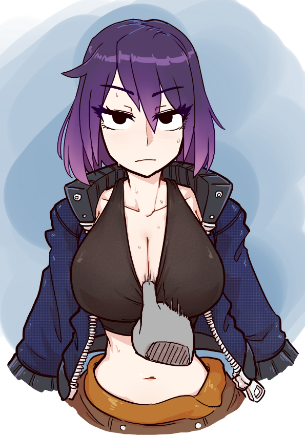 1girl black_eyes breasts cleavage closed_mouth collarbone half-closed_eyes jacket large_breasts long_sleeves looking_at_viewer midriff navel original purple_hair shirt_pull short_hair solo sweat tank_top tenk upper_body