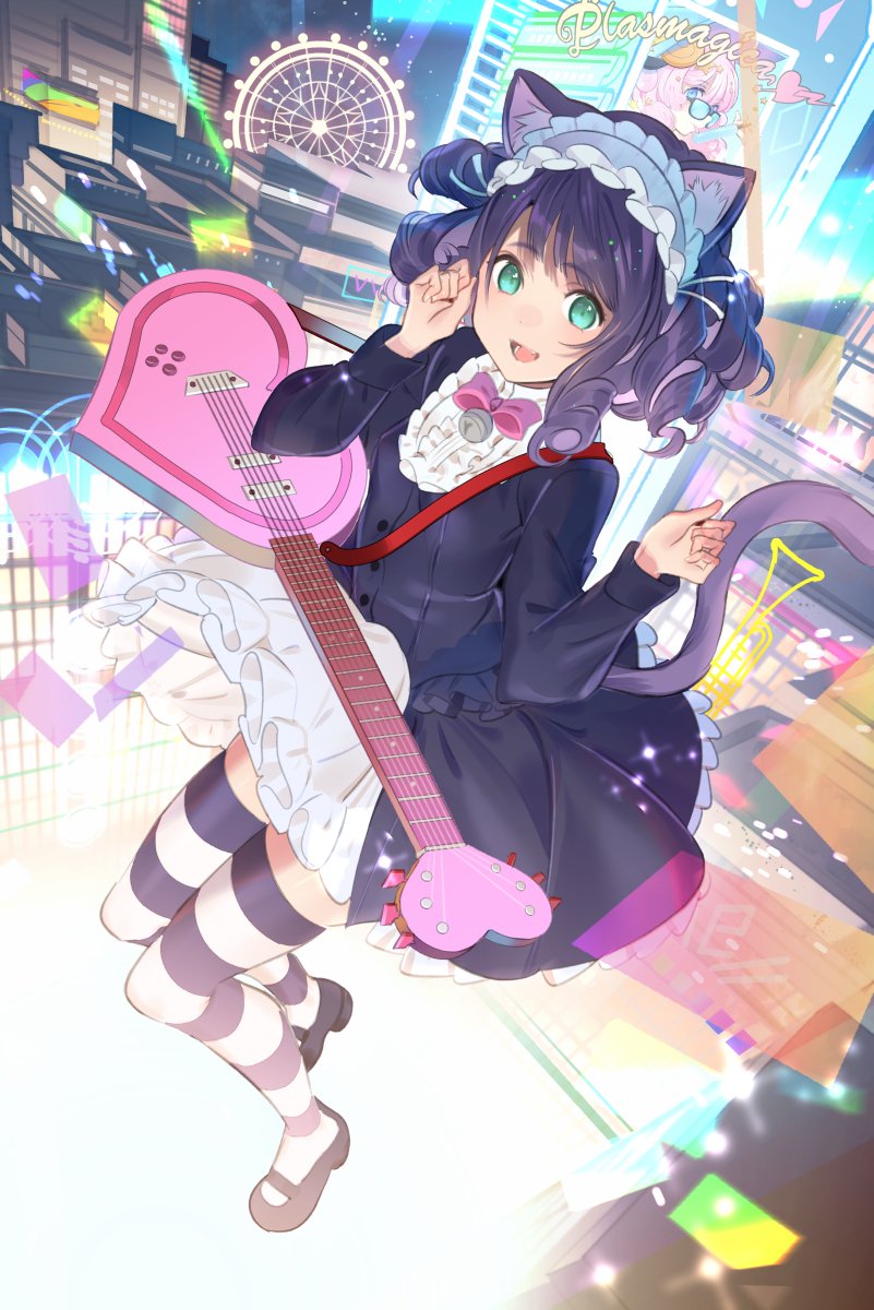 1girl :d animal_ears black_footwear cat_ears cat_tail city commentary cyan_(show_by_rock!!) dress drill_hair green_eyes guitar hairband heart highres instrument koyoi_mitsuki long_hair long_sleeves looking_at_viewer open_mouth purple_dress purple_hair shoes show_by_rock!! smile solo striped striped_legwear tail thigh-highs