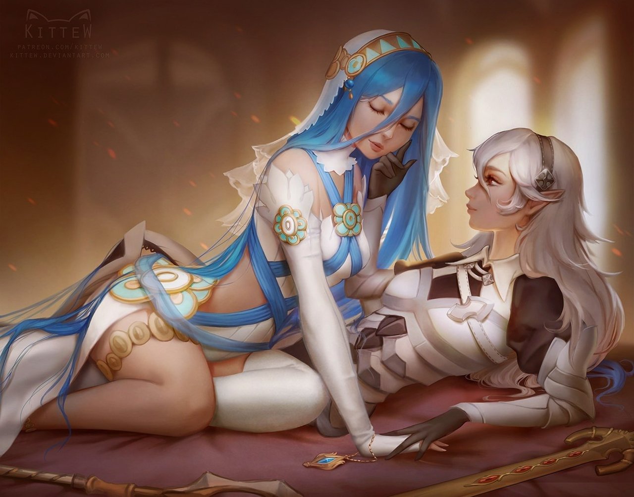 2girls aqua_(fire_emblem_if) blue_hair closed_eyes daria_leonova detached_sleeves female_my_unit_(fire_emblem_if) fingerless_gloves fire_emblem fire_emblem_if gloves hairband lips long_hair lying multiple_girls my_unit_(fire_emblem_if) on_back pointy_ears puffy_sleeves red_eyes single_thighhigh sitting staff sword thigh-highs thighlet weapon white_hair yuri