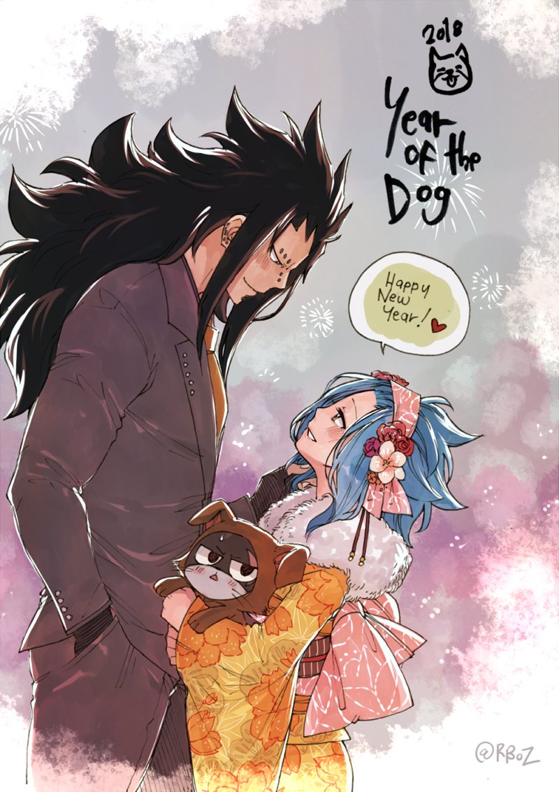 1boy 1girl 2018 animal_costume black_gloves black_hair black_jacket black_pants blue_hairband dog_costume ear_piercing eye_contact fairy_tail fingerless_gloves floral_print flower fur_trim gajeel_redfox gloves hair_flower hair_ornament hairband hand_in_pocket happy_new_year headband heart jacket japanese_clothes kimono levy_mcgarden long_hair looking_at_another looking_down looking_up necktie new_year nose_piercing obi orange_neckwear pantherlily pants piercing red_flower rusky sash signature sketch standing very_long_hair white_flower yellow_kimono yukata