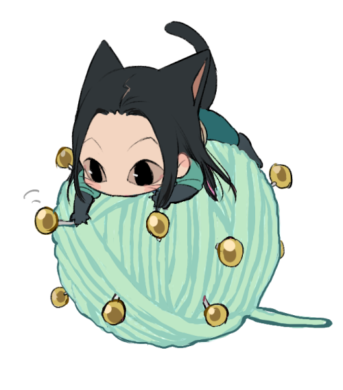 &lt;o&gt;_&lt;o&gt; 1boy animal_ears animal_feet animal_hands black_fur black_hair blush body_fur cat_boy cat_ears cat_tail chibi extra_ears furrification furry furry_male green_pants holding holding_weapon hunter_x_hunter illumi_zoldyck long_hair long_sleeves looking_away lying male_focus nail on_stomach pants qin_(7833198) simple_background solo tail weapon whiskers white_background yarn yarn_ball