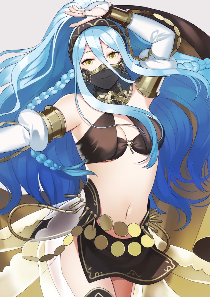 1girl aqua_(fire_emblem_if) aym_(ash3ash3ash) bare_shoulders blue_hair braid breasts cleavage cosplay fire_emblem fire_emblem:_kakusei fire_emblem_heroes fire_emblem_if hairband long_hair midriff navel o-ring_top olivia_(fire_emblem) olivia_(fire_emblem)_(cosplay) ponytail solo twin_braids yellow_eyes