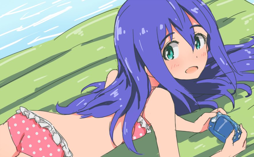 1girl air_mattress aqua_eyes asterisk_(artist) bikini blue_eyes game_boy_advance hair_between_eyes handheld_game_console idolmaster idolmaster_million_live! long_hair mochizuki_anna polka_dot polka_dot_bikini polka_dot_bikini_bottom polka_dot_bikini_top purple_hair solo swimsuit