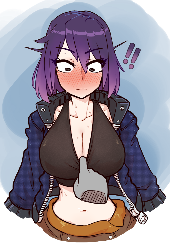 !! 1girl @_@ black_eyes blush breasts cleavage closed_mouth collarbone embarrassed half-closed_eyes jacket large_breasts long_sleeves looking_at_viewer midriff navel original purple_hair shirt_pull short_hair solo surprised sweat tank_top tenk upper_body wide-eyed
