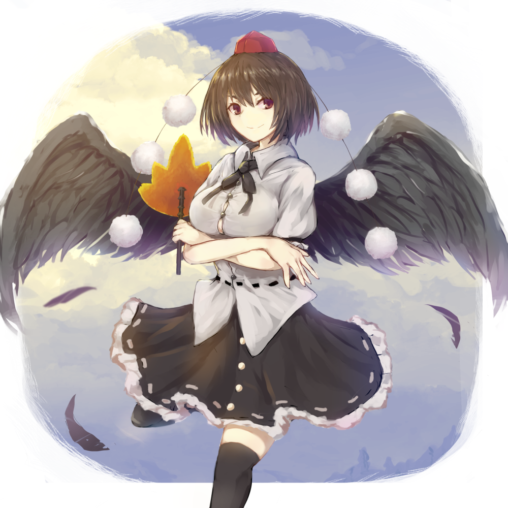 1girl alder black_hair black_legwear black_skirt breasts closed_mouth crossed_arms eyebrows_visible_through_hair hat large_breasts leaf looking_at_viewer maple_leaf red_eyes red_hat shameimaru_aya short_hair short_sleeves skirt smile solo thigh-highs tokin_hat touhou wings