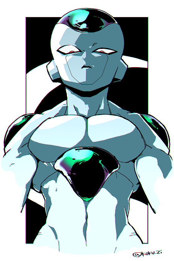 1boy black_background commentary dragon_ball dragonball_z expressionless frieza from_below kokusoji looking_at_viewer male_focus red_eyes serious shaded_face simple_background standing tail twitter_username two-tone_background upper_body white_background