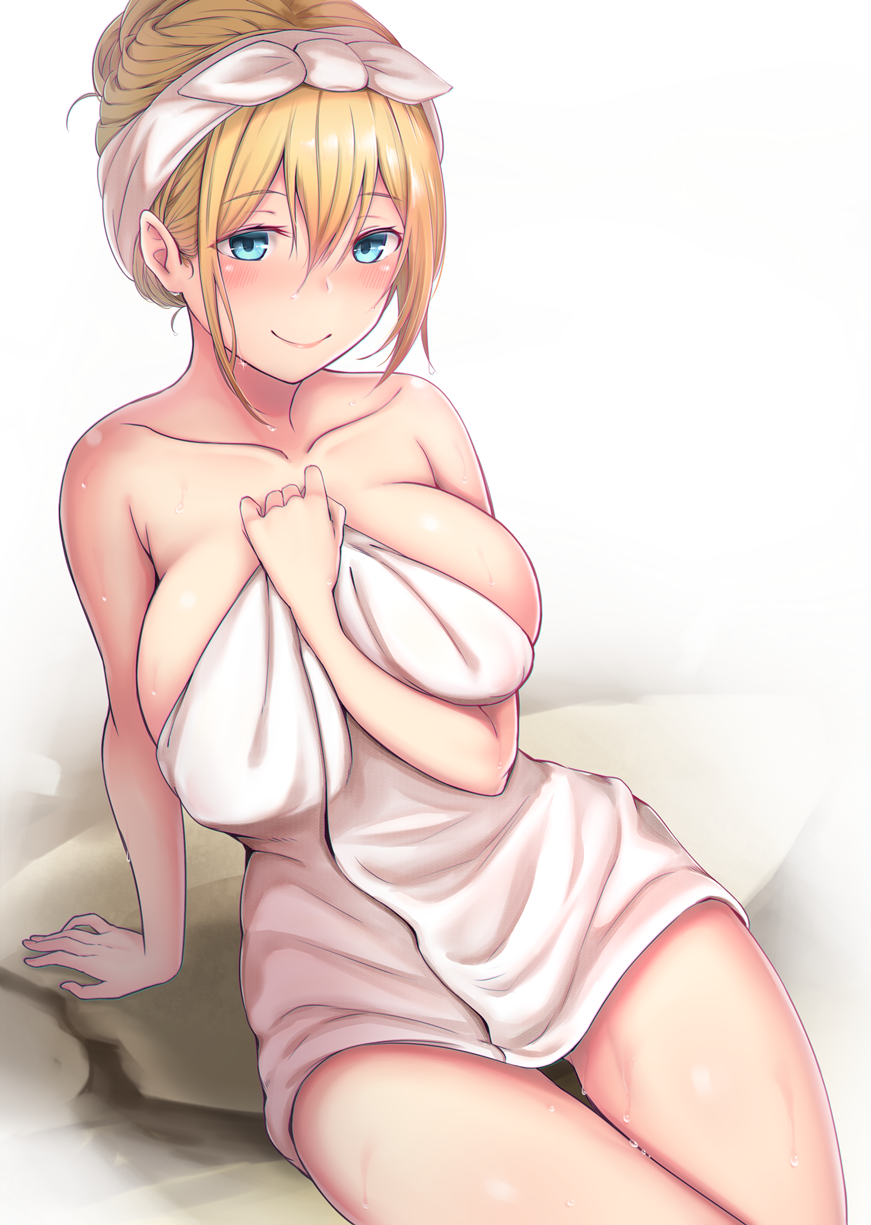 1girl arm_support between_breasts blend_s blonde_hair blue_eyes blush breasts closed_mouth collarbone eyebrows_visible_through_hair hair_between_eyes hair_up hand_between_breasts highres hinata_kaho large_breasts lun7732 naked_towel nose_blush sitting smile solo towel wet white_background