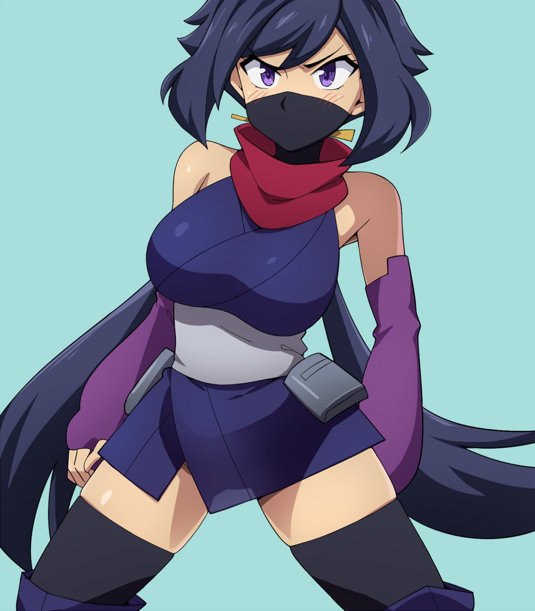 1girl ayame_(gundam_build_divers) bangs bare_shoulders black_hair black_legwear blue_background blush boots breasts cowboy_shot elbow_gloves face_mask fingerless_gloves gloves gundam gundam_build_divers hairu highres japanese_clothes large_breasts long_hair looking_at_viewer low_ponytail mask ninja ponytail pouch purple_gloves red_scarf sash scarf solo spread_legs swept_bangs thigh-highs thigh_boots thighhighs_under_boots very_long_hair violet_eyes