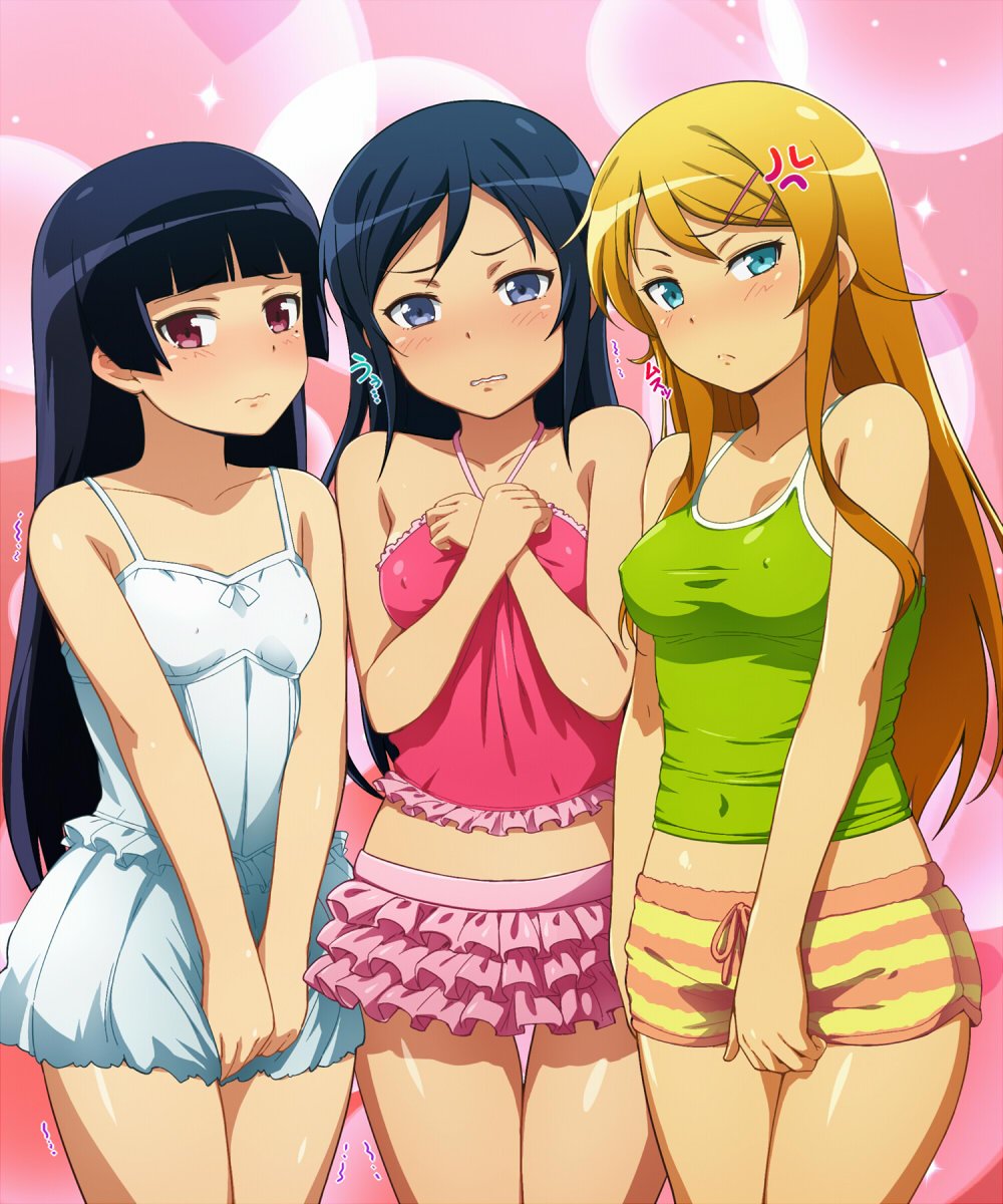 3girls anger_vein aragaki_ayase bangs bare_shoulders black_hair blonde_hair blue_eyes blue_hair blunt_bangs blush breasts camisole clenched_teeth closed_mouth covering covering_crotch cowboy_shot erect_nipples frilled_skirt frills girl-sandwich gokou_ruri green_shirt hair_ornament hairclip hairu halterneck highres kousaka_kirino long_hair looking_at_viewer medium_breasts miniskirt multiple_girls nose_blush ore_no_imouto_ga_konna_ni_kawaii_wake_ga_nai pink_shirt red_eyes shirt shorts skirt striped striped_shorts teeth thigh_gap trembling