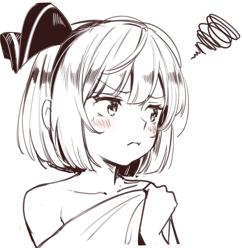 1girl asutora bare_shoulders blush collarbone commentary_request covering covering_breasts eyebrows_visible_through_hair greyscale hair_ornament hairband hand_up konpaku_youmu looking_away looking_to_the_side monochrome naked_towel short_hair solo squiggle touhou towel upper_body