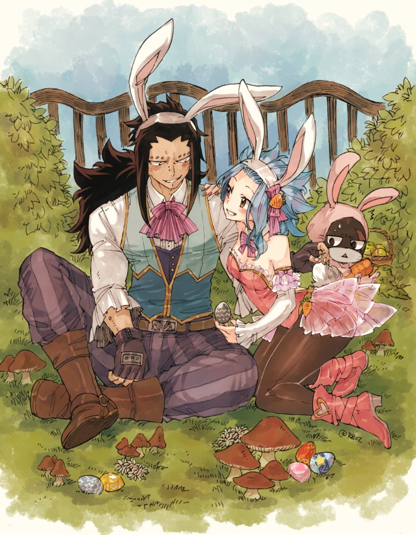 1boy 1girl animal_ears black_gloves black_hair black_legwear blue_sky boots bow bowtie breasts brown_eyes brown_footwear bunny_tail bunnysuit cleavage day detached_sleeves easter easter_egg egg eye_contact fairy_tail fake_animal_ears fingerless_gloves gajeel_redfox gloves grin hairband hand_on_another's_shoulder high_heel_boots high_heels holding leotard levy_mcgarden long_hair looking_at_another mushroom nail_polish outdoors pantherlily pants pantyhose pink_bow pink_leotard pink_nails pink_neckwear purple_pants rabbit_ears red_footwear rusky see-through sitting sky small_breasts smile striped striped_bow striped_leotard striped_neckwear tail vertical_stripes very_long_hair white_hairband