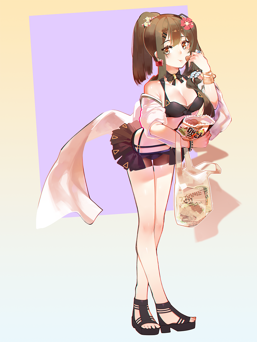 1girl bag bikini breasts brown_eyes brown_hair casual chips food girls_frontline hair_ornament hairclip highres k-2_(girls_frontline) mania_(fd6060_60) potato_chips shopping_bag swimsuit