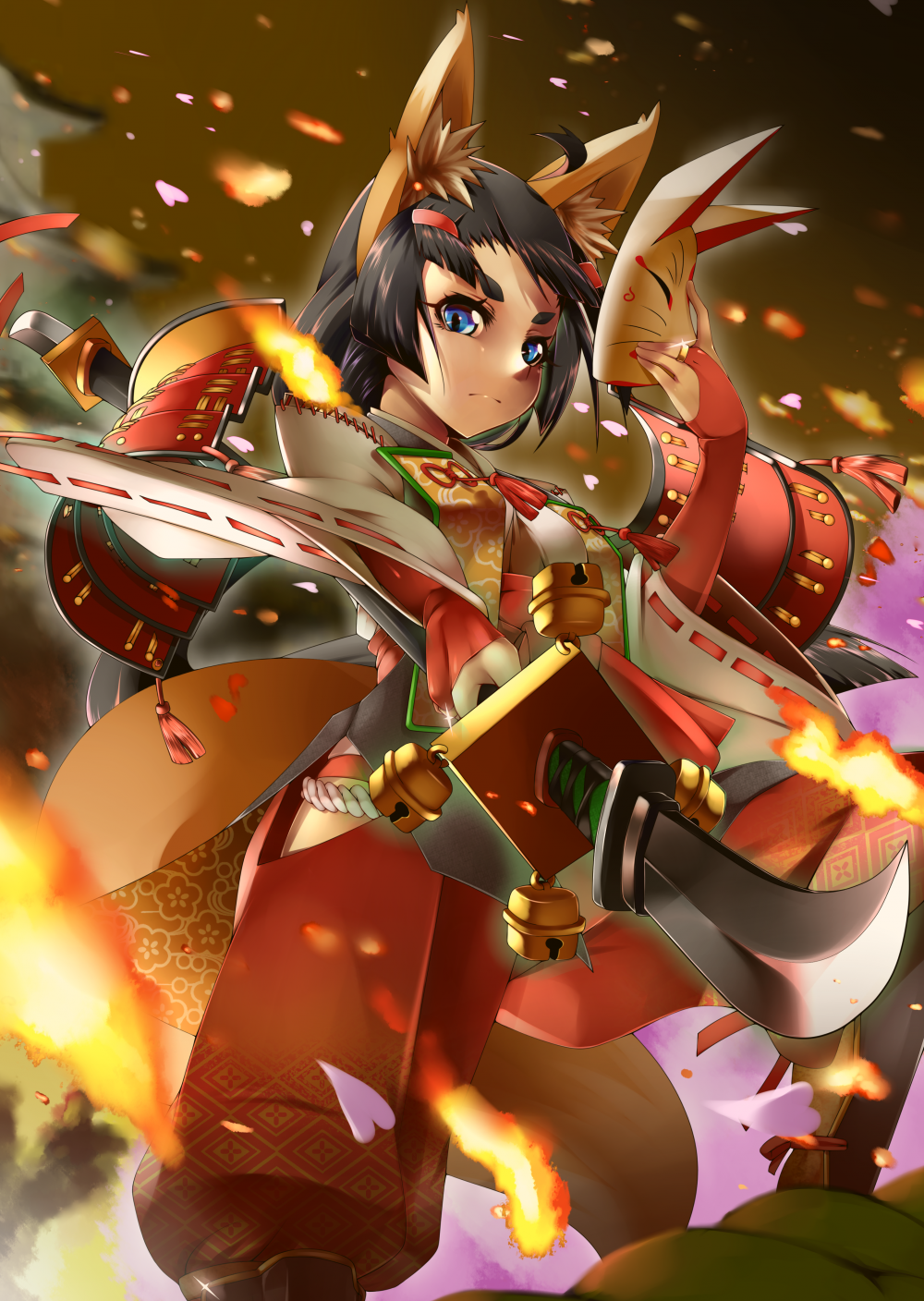 1girl animal_ears armor black_hair blue_eyes boots bridal_gauntlets closed_mouth foreshortening fox_ears fox_mask hand_up highres holding holding_mask holding_sword holding_weapon japanese_armor kagiyama_(gen'ei_no_hasha) knee_up kusazuri looking_at_viewer mask naginata original polearm puffy_pants solo sparks standing sword weapon