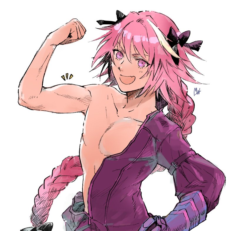1boy 7luna :d astolfo_(fate) black_bow black_ribbon bow braid commentary_request fang fate/apocrypha fate_(series) flexing gauntlets hair_intakes hair_ribbon hand_on_hip long_braid long_hair looking_at_viewer male_focus multicolored_hair muscle open_mouth partially_undressed pink_hair pose ribbon signature simple_background single_braid smile solo streaked_hair unzipped violet_eyes white_background