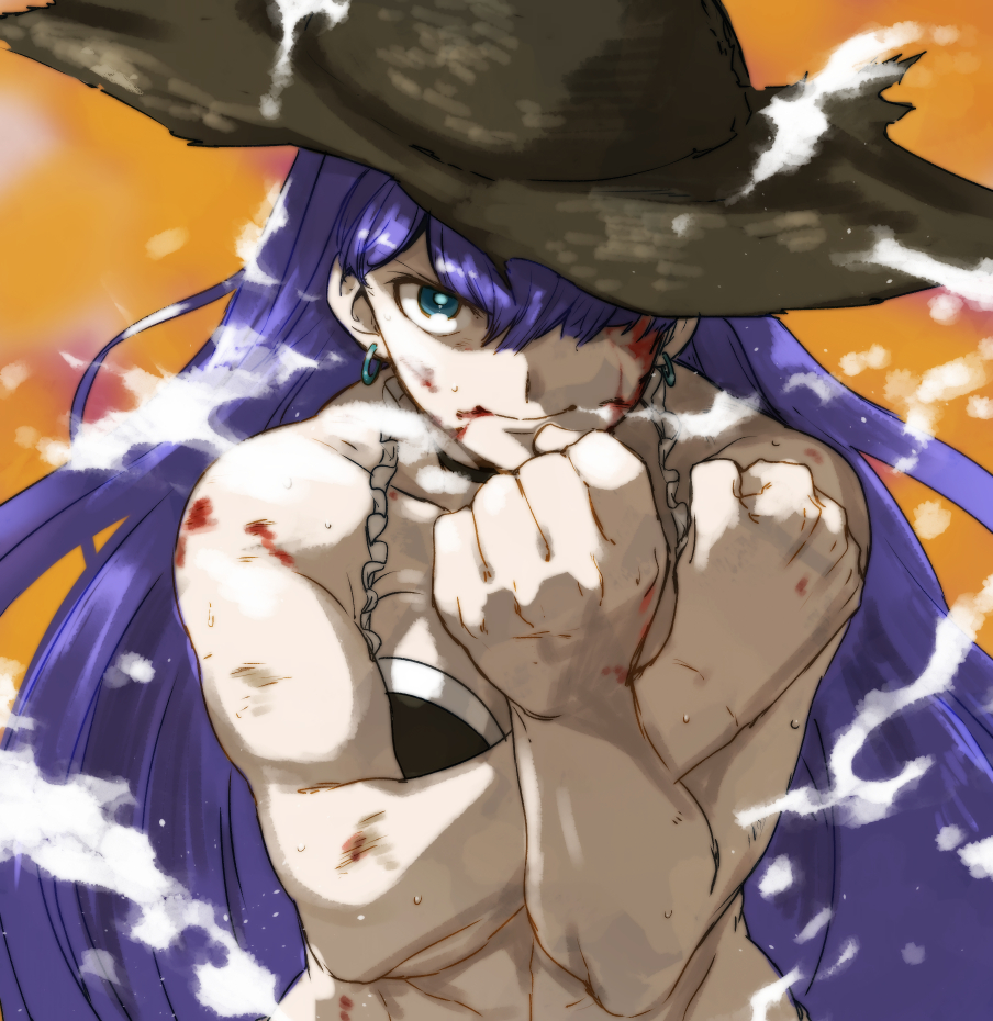 1girl aoba_(smartbeat) aqua_eyes bangs bikini blood brown_hat clenched_hands crossed_arms earrings fate/grand_order fate_(series) hair_over_one_eye hat injury jewelry long_hair looking_at_viewer muscle muscular_female orange_background purple_hair saint_martha saint_martha_(swimsuit_ruler)_(fate) smoke solo swimsuit upper_body