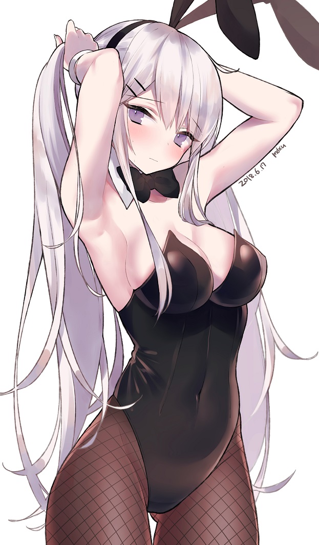 1girl animal_ears armpits arms_up artist_name azur_lane bare_shoulders black_hairband black_legwear black_neckwear bow bowtie breasts bunnysuit cleavage closed_mouth covered_navel dated enterprise_(azur_lane) fishnet_pantyhose fishnets hairband long_hair looking_at_viewer medium_breasts mimelond pantyhose rabbit_ears silver_hair simple_background solo standing violet_eyes white_background