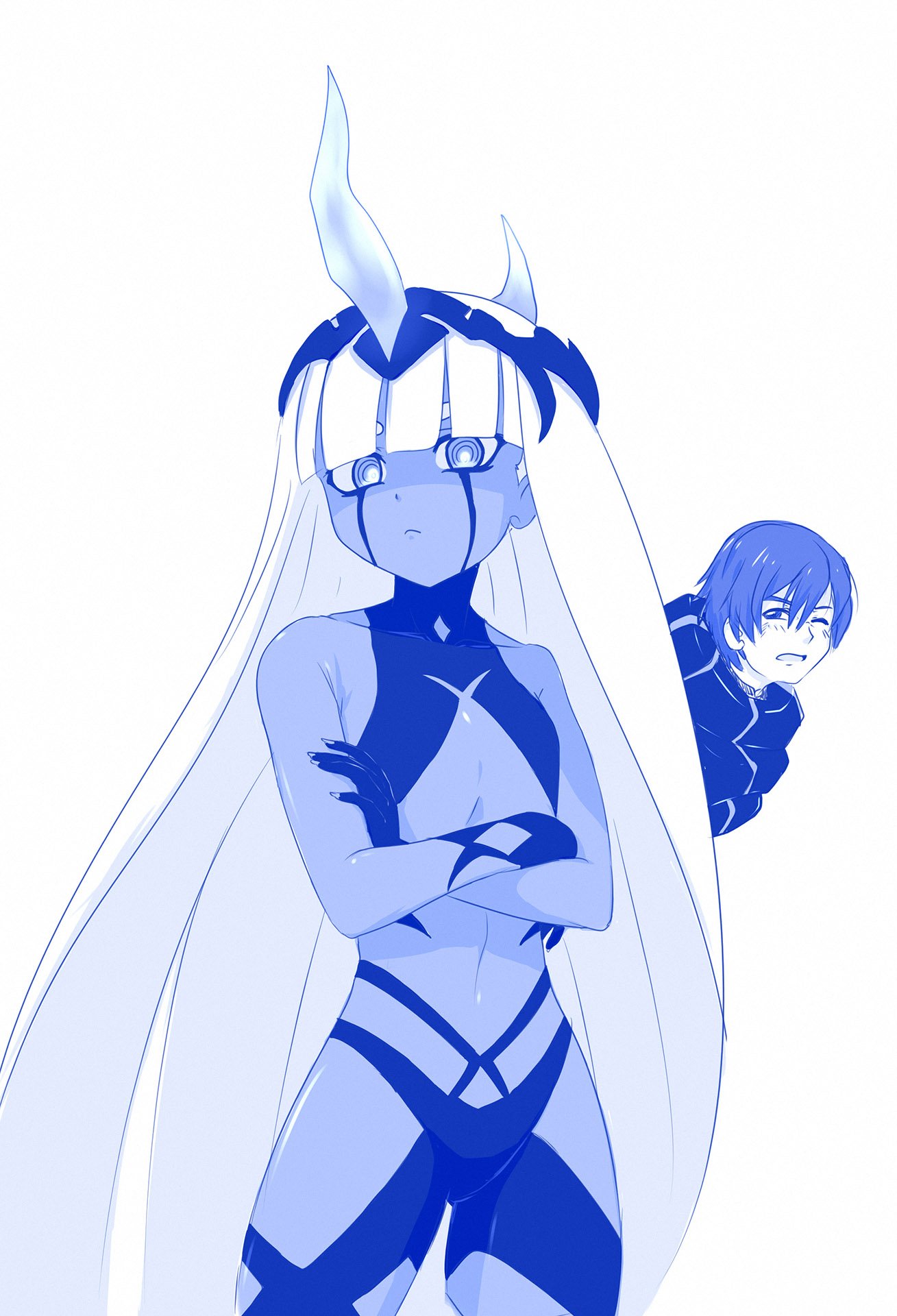 001_(darling_in_the_franxx) 1boy 1girl bangs blue bound can't_be_this_cute commentary crossed_arms dark_skin darling_in_the_franxx facial_scar highres hiro_(darling_in_the_franxx) horns long_hair looking_at_viewer monochrome navel one_eye_closed oni_horns ore_no_imouto_ga_konna_ni_kawaii_wake_ga_nai scar short_hair tentacle tied_up very_long_hair viperxtr