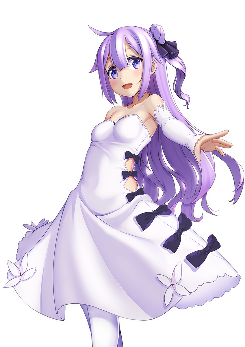 1girl :d azur_lane bare_shoulders black_bow blush bow breasts detached_sleeves dress eyebrows_visible_through_hair hair_between_eyes head_tilt highres kuro_emimi long_hair one_side_up open_mouth purple_hair simple_background sleeves_past_wrists small_breasts smile solo standing unicorn_(azur_lane) very_long_hair white_background white_dress white_legwear