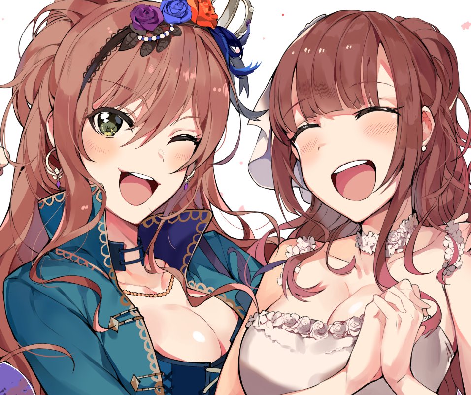 2girls :d blue_flower blue_jacket blue_rose blush breasts brown_hair cleavage closed_eyes commentary_request copyright_request dress eyebrows_visible_through_hair flower green_eyes hair_bun hair_flower hair_ornament hairband jacket large_breasts long_hair multiple_girls one_eye_closed open_clothes open_jacket open_mouth purple_flower purple_rose red_flower red_rose rose round_teeth smile teeth tuxedo_de_cat white_dress