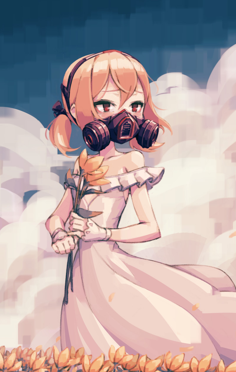 1girl allen_(makaroll) bangs bare_shoulders blonde_hair collarbone dress flower gas_mask highres holding holding_flower looking_to_the_side mask original red_eyes sad short_hair short_twintails twintails upper_body