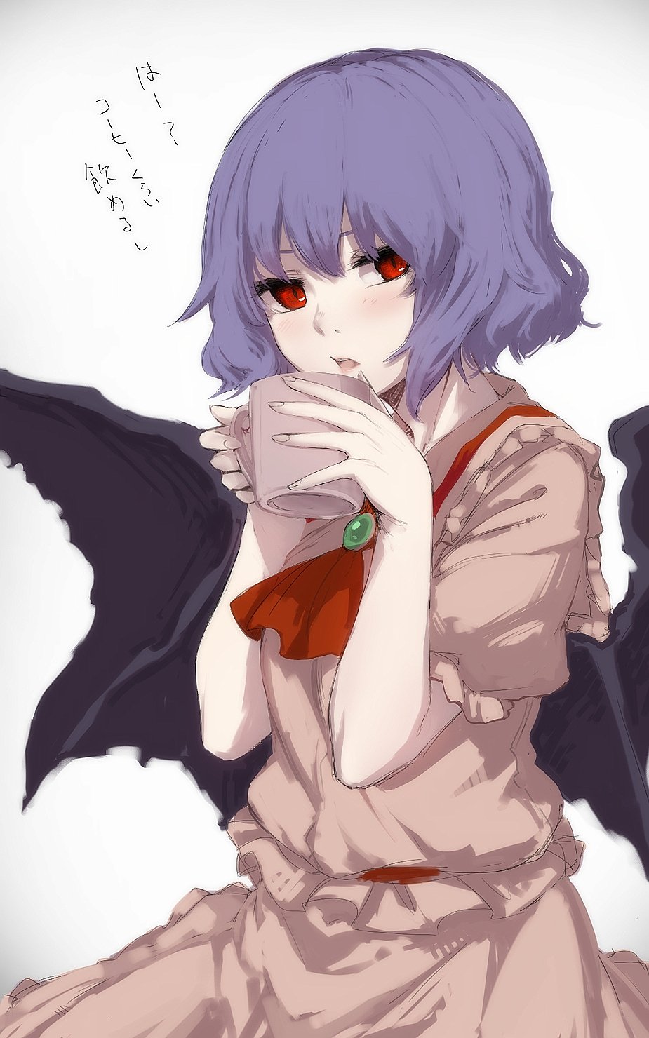 1girl bangs bat_wings blush commentary_request cup frills highres holding holding_cup looking_at_viewer mug no_hat no_headwear open_mouth pink_shirt purple_hair red_eyes remilia_scarlet shirt short_hair short_sleeves skirt skirt_set solo terimayo touhou translated wings