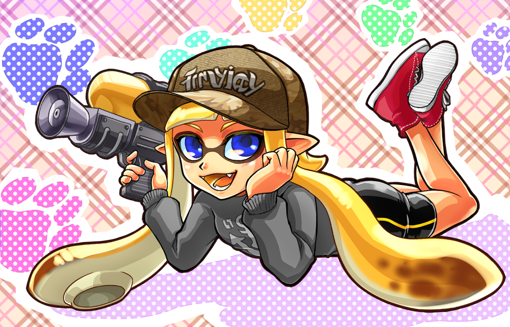 1girl bike_shorts blonde_hair blue_eyes domino_mask fangs full_body gun hat higami_akabane inkling legs_up lying mask on_stomach open_mouth paw_print pointy_ears smile solo splatoon tentacle_hair the_pose weapon