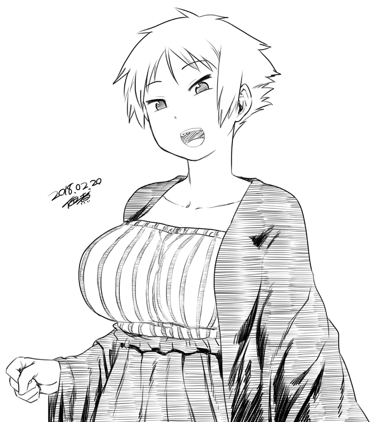 1girl :d breasts dated dress greyscale huge_breasts jacket long_sleeves looking_at_viewer monochrome open_mouth original short_hair signature simple_background smile solo tsukudani_(coke-buta) tsurime-chan upper_body white_background wide_sleeves