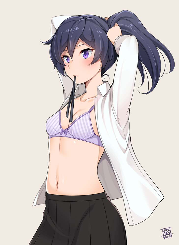 1girl bangs black_hair black_skirt bra breasts cleavage commentary_request dated fujisawa_aya_(gundam_build_divers) gundam gundam_build_divers hair_tie_in_mouth honda_naoki long_hair long_sleeves mouth_hold navel open_clothes purple_bra shiny shiny_hair shiny_skin side_ponytail skirt small_breasts solo striped striped_bra tying_hair underwear violet_eyes