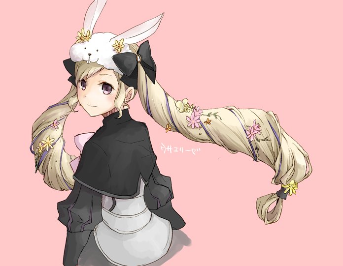1girl animal_ears black_bow blonde_hair bow elise_(fire_emblem_if) fire_emblem fire_emblem_heroes fire_emblem_if flower from_behind hair_bow hair_flower hair_ornament long_hair long_sleeves looking_back multicolored_hair pink_background purple_hair rabbit_ears robaco simple_background smile solo twintails violet_eyes