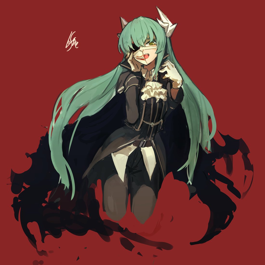 1girl :d alternate_costume ascot black_jacket black_pants commentary_request cosplay cropped_legs fate/grand_order fate_(series) gloves green_hair hand_on_own_face hand_up horns jacket kiyohime_(fate/grand_order) lansane long_hair long_sleeves mask open_mouth pants phantom_of_the_opera_(fate/grand_order) phantom_of_the_opera_(fate/grand_order)_(cosplay) red_background signature simple_background smile solo very_long_hair white_gloves white_neckwear