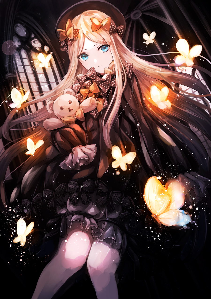 abigail_williams_(fate/grand_order) black_bow black_dress black_hat blonde_hair bloomers blue_eyes bow bug butterfly dark dress fate/grand_order fate_(series) glowing hat highres holding holding_stuffed_animal indoors insect jan_(lightdragoon) knees_together_feet_apart light_particles long_hair looking_at_viewer orange_bow polka_dot polka_dot_bow stuffed_animal stuffed_toy teddy_bear underwear